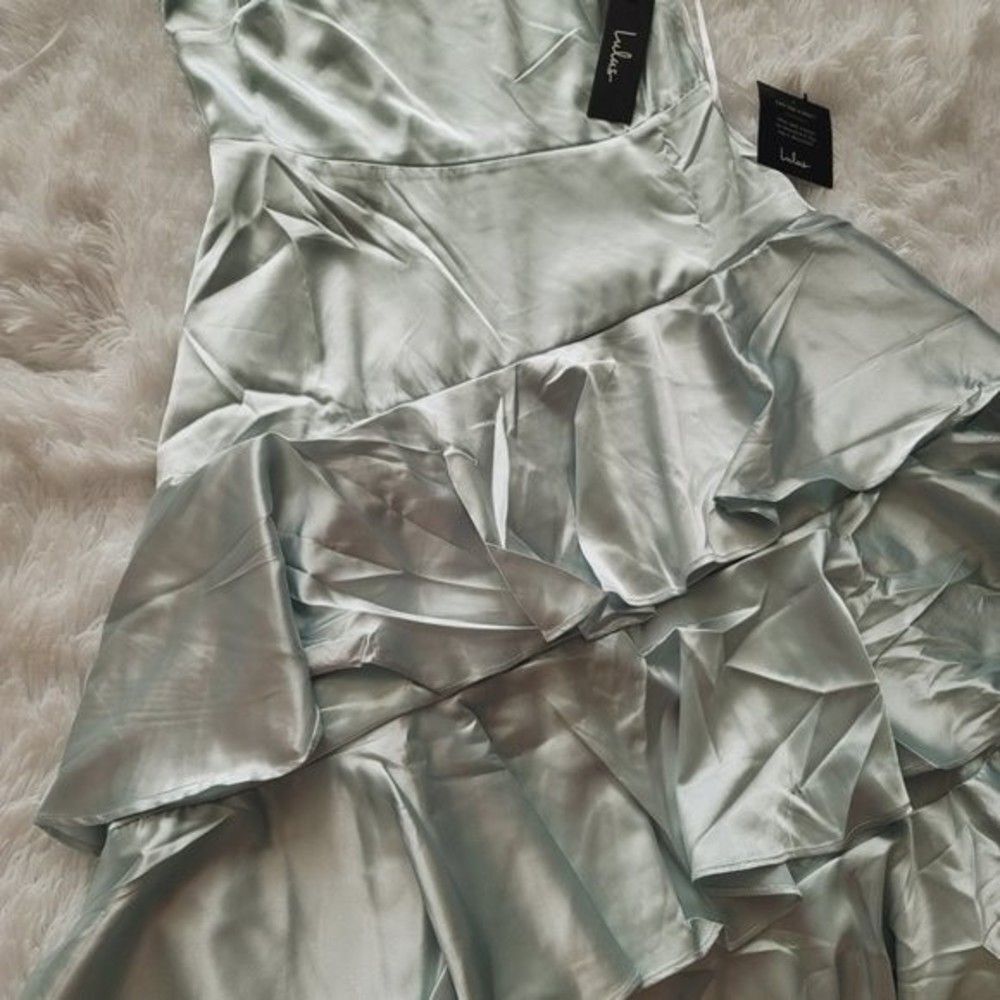 Lulus Mint Blue Satin Tiered Asymmetrical Midi Dress - Picture 13 of 14